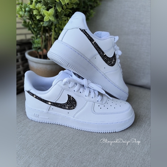 Bling Nike Air Force 1 Low Sneakers Customized with Black Swarovski Crystals - Picture 4 of 9